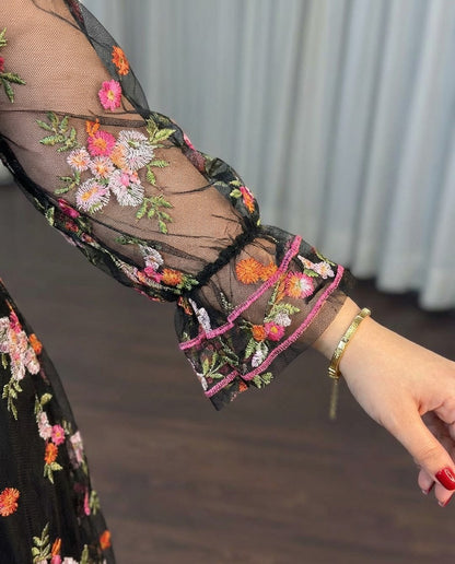 Vintage Square Neck Flared Cuffs Embroidered Floral Pattern Sheer Mesh Overlay Maxi Dress Elegant Shirred Back Cinched Waist Backless Evening Dress with Belt