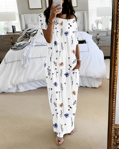 Floral Print Skew Neck Short Sleeve Maxi Nightdress Casual Loose Fit Loungewear with Pockets