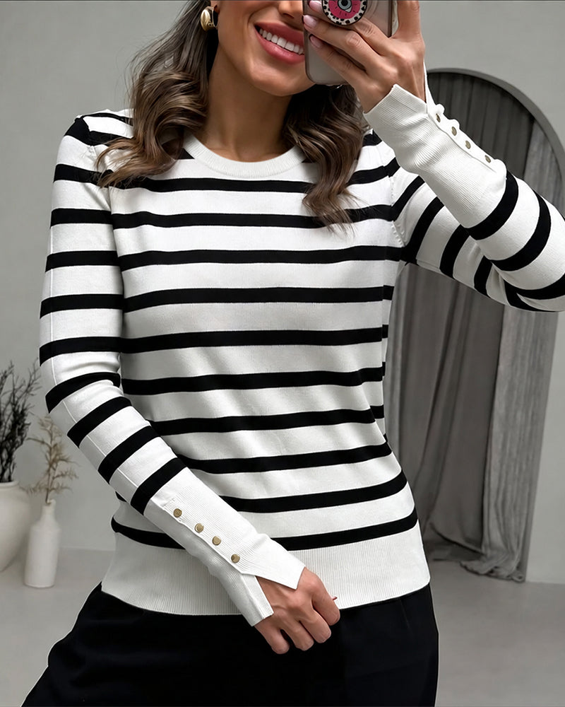 Women's Striped Crew Neck Gold Button Split Cuff Fitted Knit Top