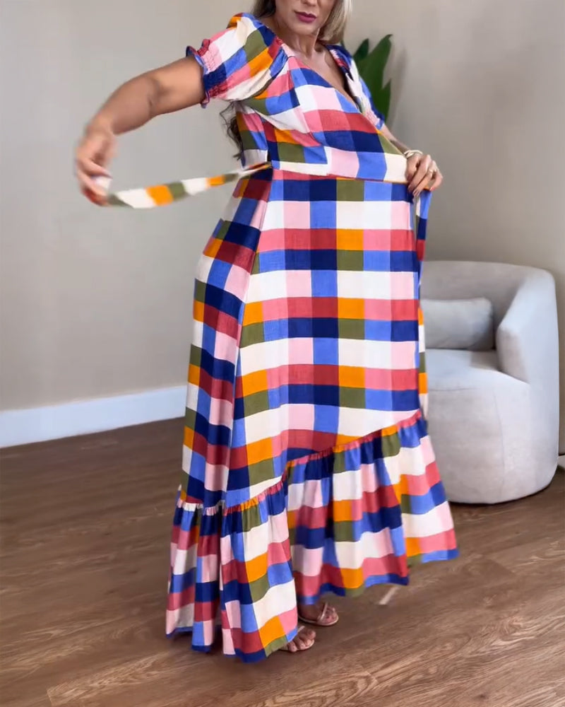 Colorful Plaid Print Overlap V-Neck Puff Sleeve Wrap Lace-Up Vacation Dress Casual Bow Tie Waist Ruffle Hem Maxi Dress