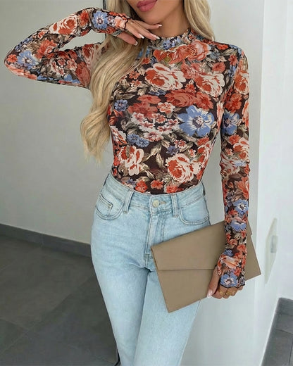 Vintage Allover Oil Painting Floral Print Mock Neck Long Sleeve Tee Slim Fit Frill Cuffs Sheer Mesh Layering Top with Thumb Hole Cuffs