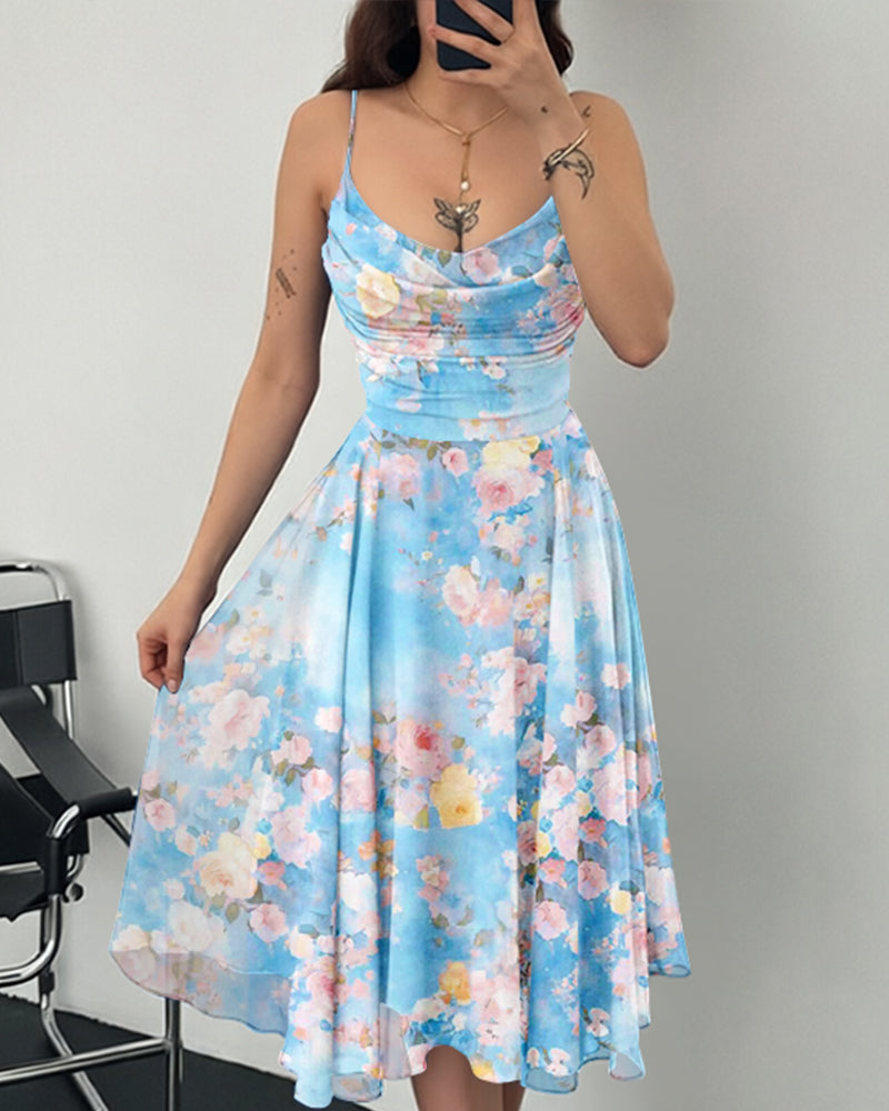 Women's Floral Mesh Midi Dress Casual Spaghetti Straps Party Dress Cowl Neck A-Line Cami Vacation Dress
