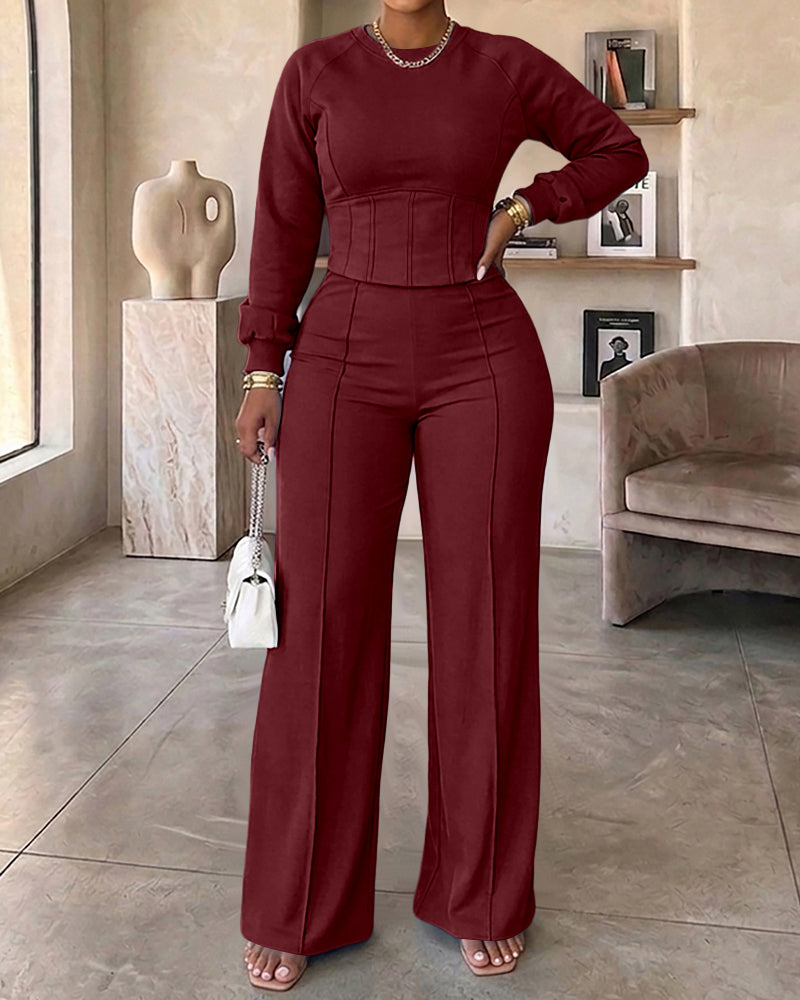 2 Pieces Outfit O-neck Long Sleeve Cinched Waist Sweatshirt and Elastic Waist Wide Leg Pants Set Casual Seam Design Sweatpants Set
