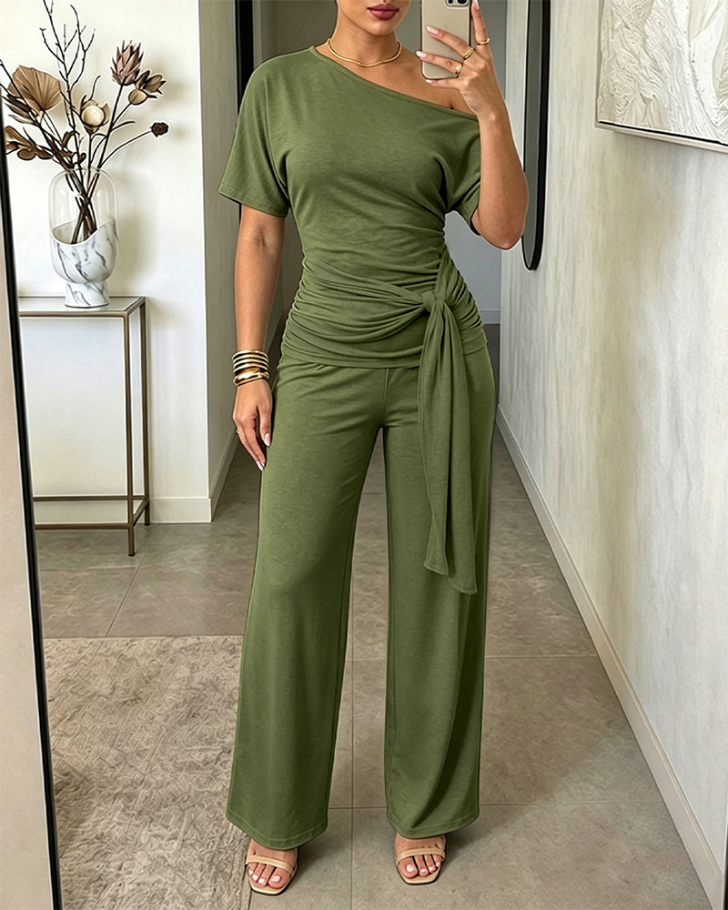 Women's Skew Neck 2 Piece Outfits Ruched Tie Waist Short Sleeve Top and High Waisted Wide Leg Pants Lounge Set