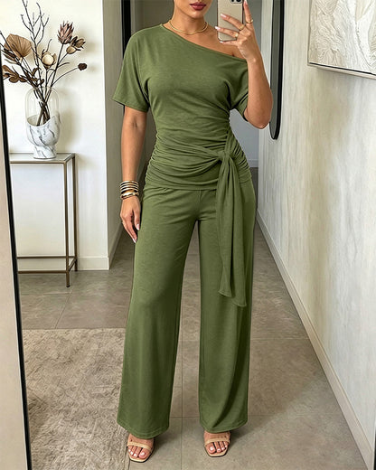Women's Skew Neck 2 Piece Outfits Ruched Tie Waist Short Sleeve Top and High Waisted Wide Leg Pants Lounge Set
