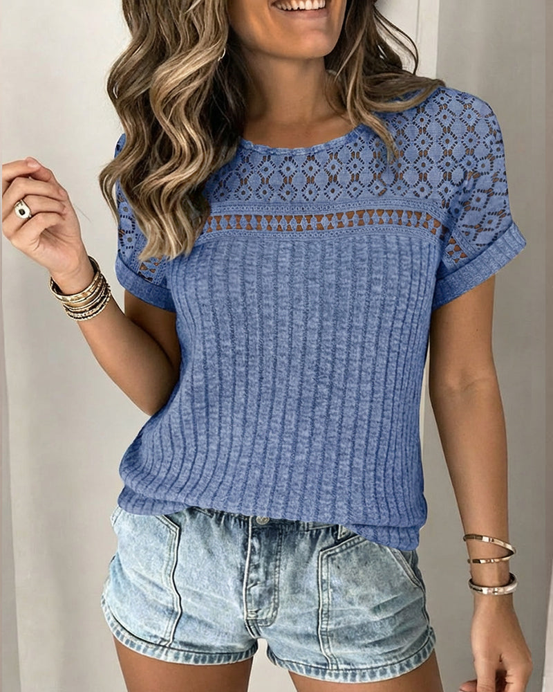 Lace Spliced Round Neck Rolled Cuffs Tee Casual Short Sleeve Ribbed Brushed Top
