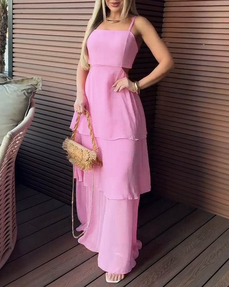 Square Neck Adjustable Spaghetti Straps Cutout Waist Ruffle Hem Dress Casual Backless Tie Back Stretchy Back Chiffon Cami Dress