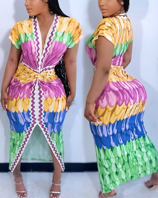 Multi-color Print Deep V-Neck Front Slit Dress Casual Twist Front Cinched Waist Vacation Dress