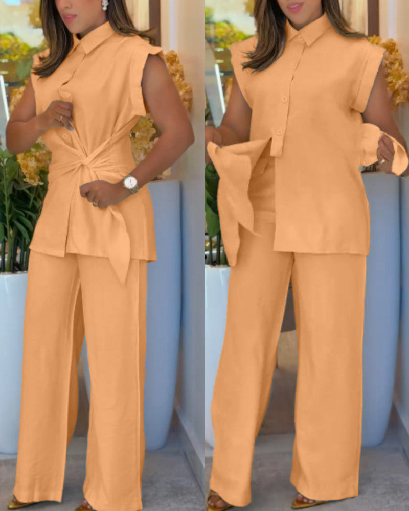 2 Pieces Outfit Turn-down Collar Cap Sleeve Button Front Tied Detail Top and Casual Zipper Fly Elastic Back Waist Wide-Leg Pants Set
