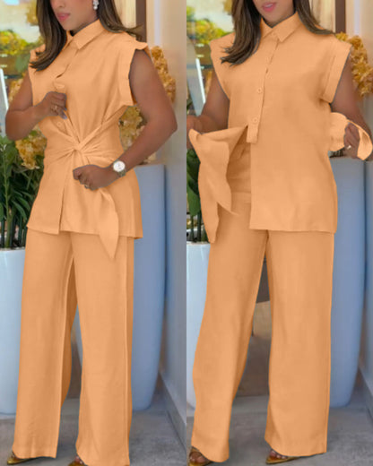 2 Pieces Outfit Turn-down Collar Cap Sleeve Button Front Tied Detail Top and Casual Zipper Fly Elastic Back Waist Wide-Leg Pants Set