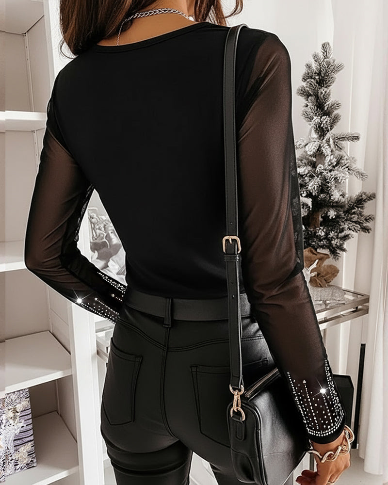 Rhinestone Decor Long Sleeve Sheer Mesh Spliced Tee Slim Fit Top
