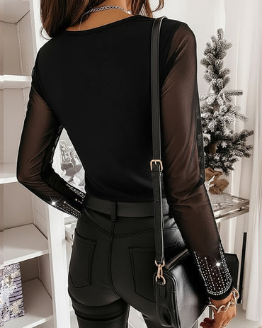 Rhinestone Decor Long Sleeve Sheer Mesh Spliced Tee Slim Fit Top