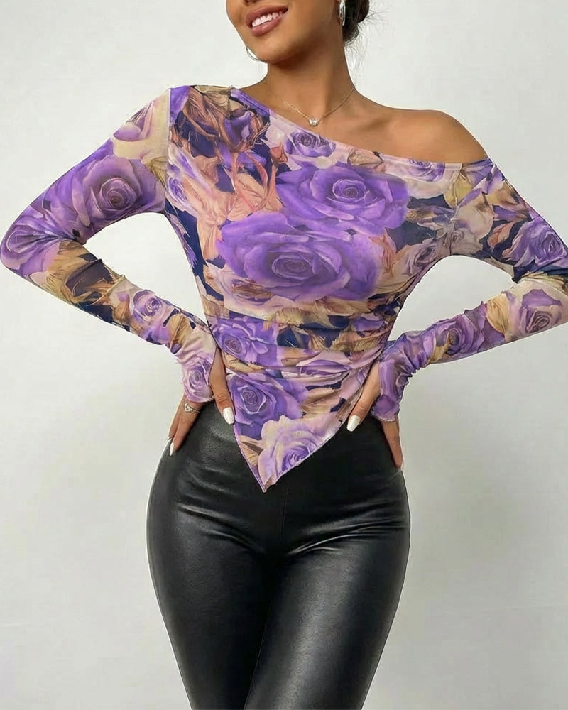 Vintage Floral Print Skew Neck Long Sleeve Asymmetrical Hem Tee Slim Fit Side Ruched Sheer Mesh Top with Thumb Hole Cuffs & Lining