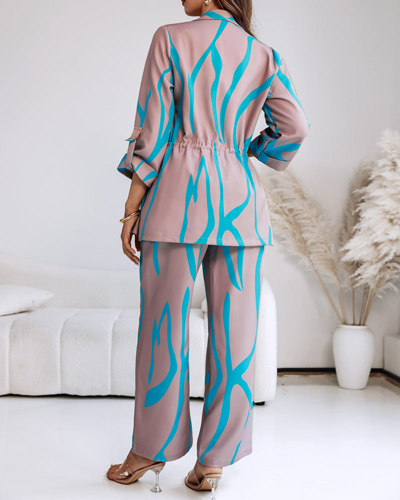 2 Pieces Outfit Shawl Lapel Turn-Up Sleeves Drawstring Waist Open Front Coat and Elastic Back Waist Wide Leg Pants Set Casual Abstract Print Commuting Set
