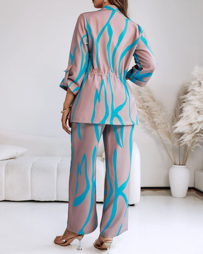 2 Pieces Outfit Shawl Lapel Turn-Up Sleeves Drawstring Waist Open Front Coat and Elastic Back Waist Wide Leg Pants Set Casual Abstract Print Commuting Set