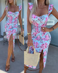 Women's Butterfly Floral Midi Dress Sweetheart Neck Flutter Sleeve Side Slit Sundress Backless Vacation Dress with Built in Bra