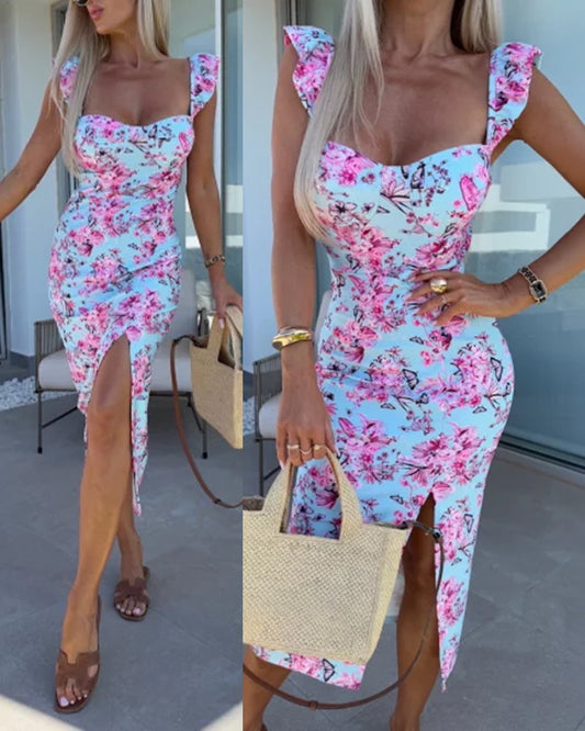 Women's Butterfly Floral Midi Dress Sweetheart Neck Flutter Sleeve Side Slit Sundress Backless Vacation Dress with Built in Bra