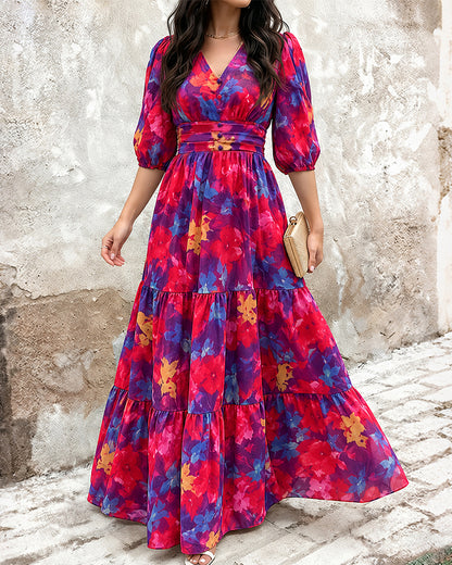 Vestido largo de gasa para mujer con flores vintage, escote en V, mangas abullonadas, cintura fruncida elástica y volantes