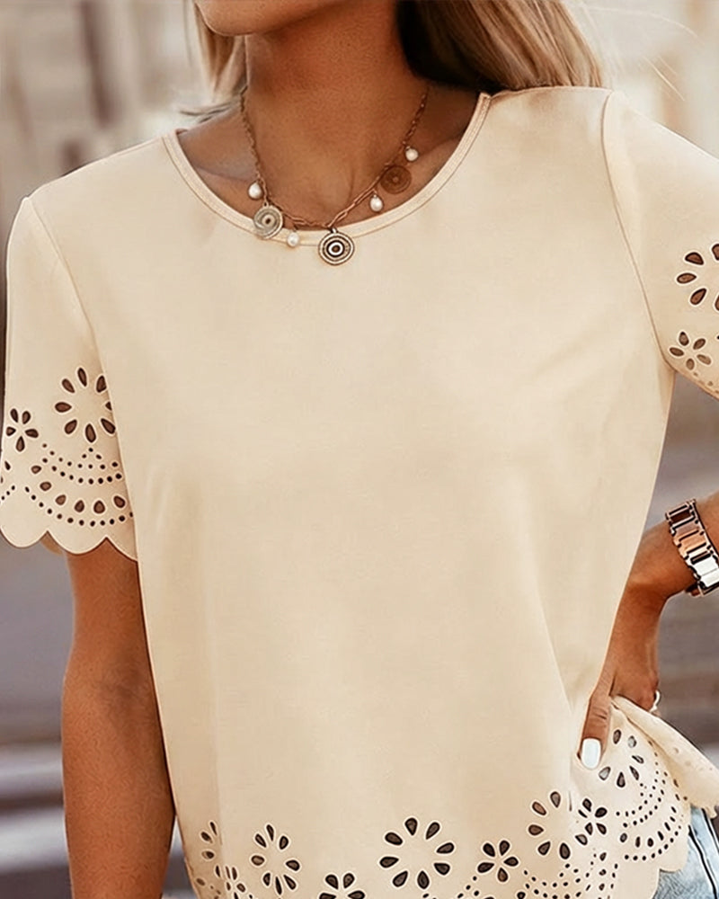 Round Neck Short Sleeve Eyelet Embroidery Tee Casual Scallop Trim Top