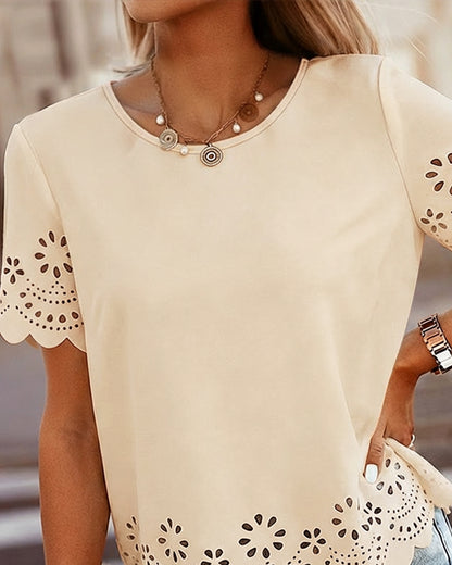 Round Neck Short Sleeve Eyelet Embroidery Tee Casual Scallop Trim Top