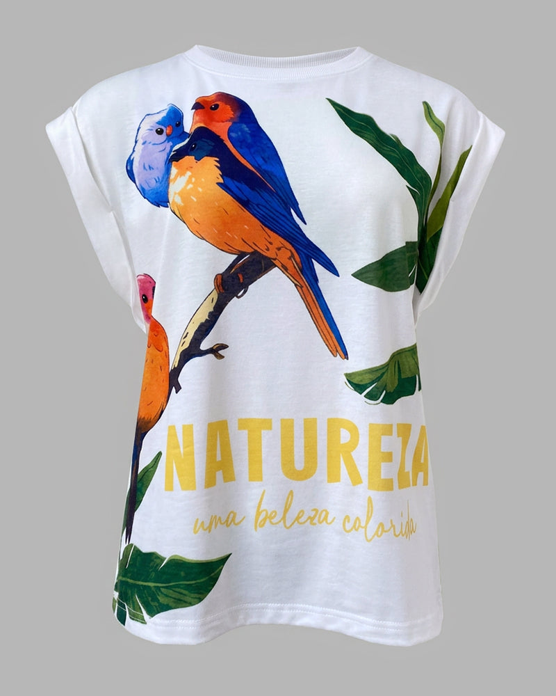 Tropical Animal & Plants Letter Print O-neck Short Sleeve Tee Casual Rolled Cuffs Top