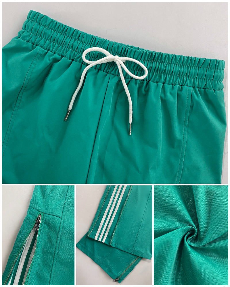 Contrast Side Striped & Zipper Slit Side Drawstring Elastic Waist Trousers Casual Wide Leg Pants