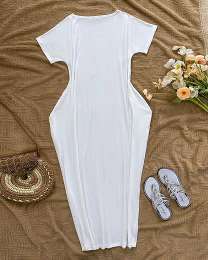 Heart Pattern Cold Shoulder Short Sleeve Maxi Dress Casual Pocket Design Loose Fit Dress