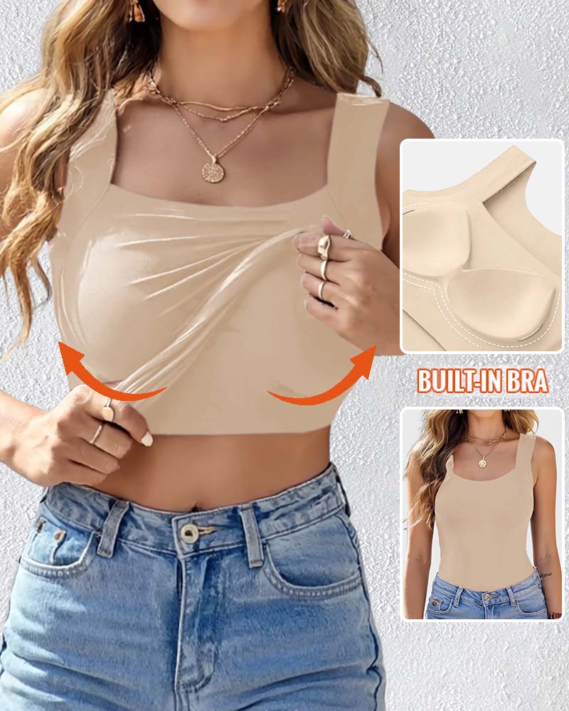U-Neck Sleeveless Tank Seamless Skinny Layering Top with Built-In Bra