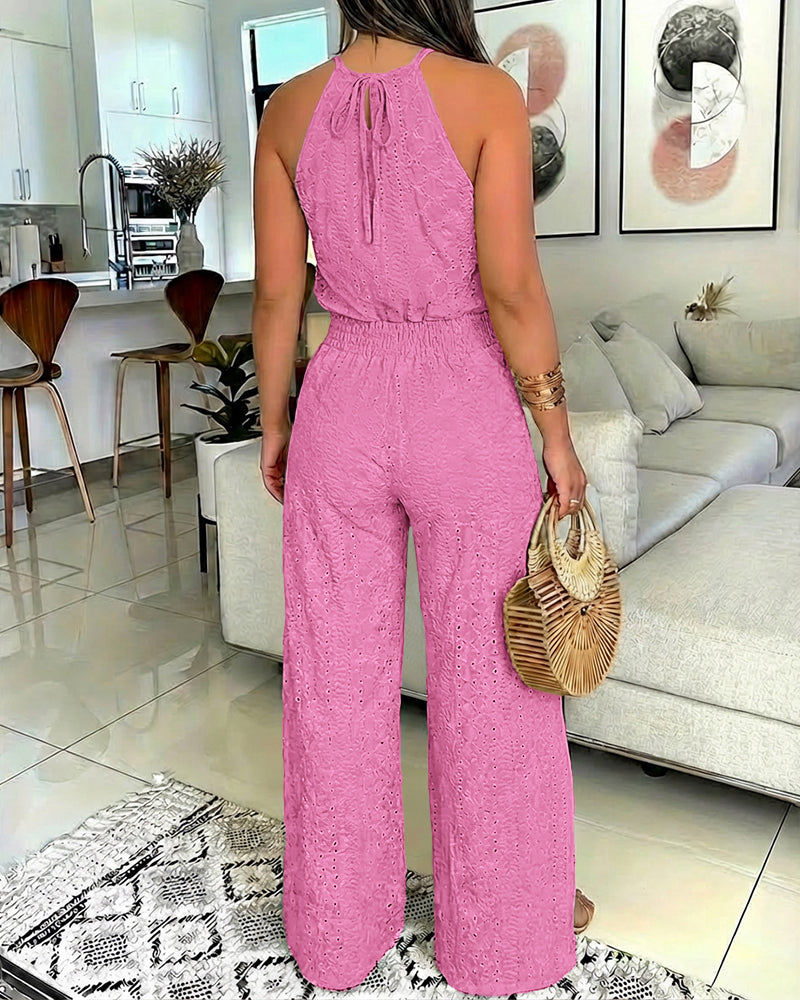 2 Pieces Outfit Halter Tie Guipure Lace Spliced Front Hollow-out Back Top and Elastic Back Waist Wrapped Slit Pants Set Casual Jacquard Textured Vacation Set