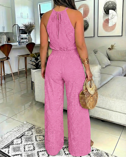 2 Pieces Outfit Halter Tie Guipure Lace Spliced Front Hollow-out Back Top and Elastic Back Waist Wrapped Slit Pants Set Casual Jacquard Textured Vacation Set
