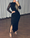 Women's Leopard Mesh Midi Dress Mock Neck Puff Long Sleeve Ruched Bodycon Dress Side Slit Sexy Party Dress