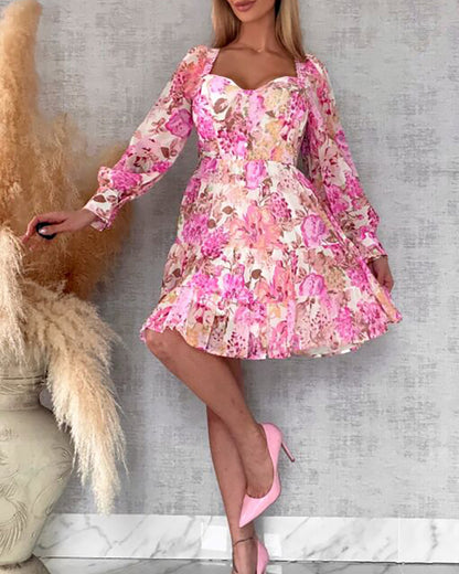 Women's French Floral Dress Sweetheart Neck Puff Sleeve Ruffle A Line Dress Casual Tied Detail Shirred Vacation Dress