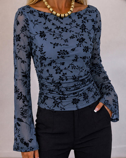 Women's Vintage Flocked Floral Mesh Top Boat Neck Ruched Flare Long Sleeve Tee