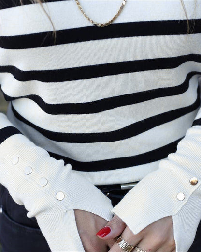 Women's Striped Crew Neck Gold Button Split Cuff Fitted Knit Top