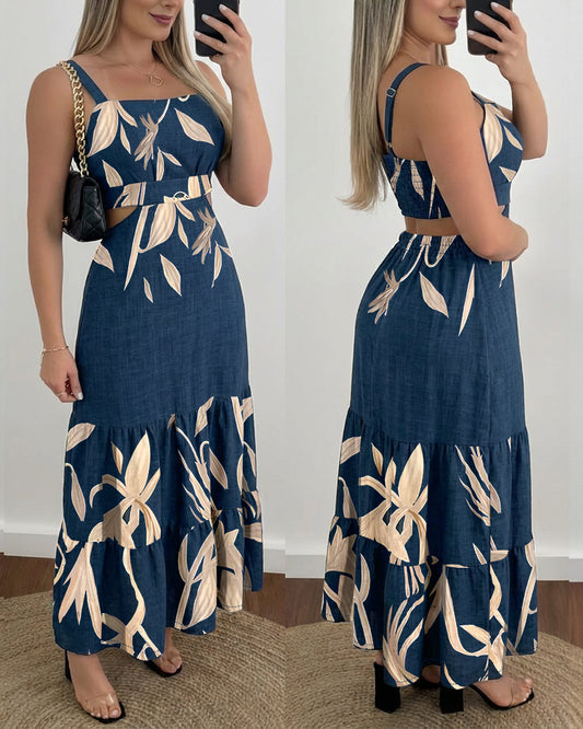 Plants Placement Print Adjustable Straps Cutout Waist Shirred Back Maxi Dress Casual Cinched Waist Ruffle Hem Vacation Dress