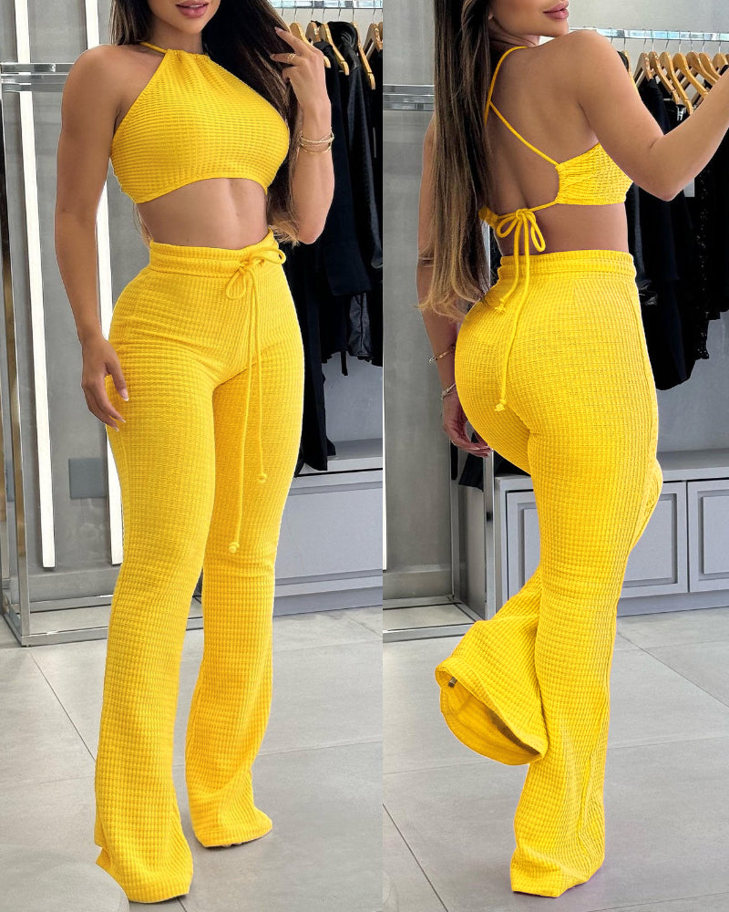 2 Piece Waffle Knit Halter Backless Crop Top High-Waisted Drawstring Wide Leg Casual Pants Set