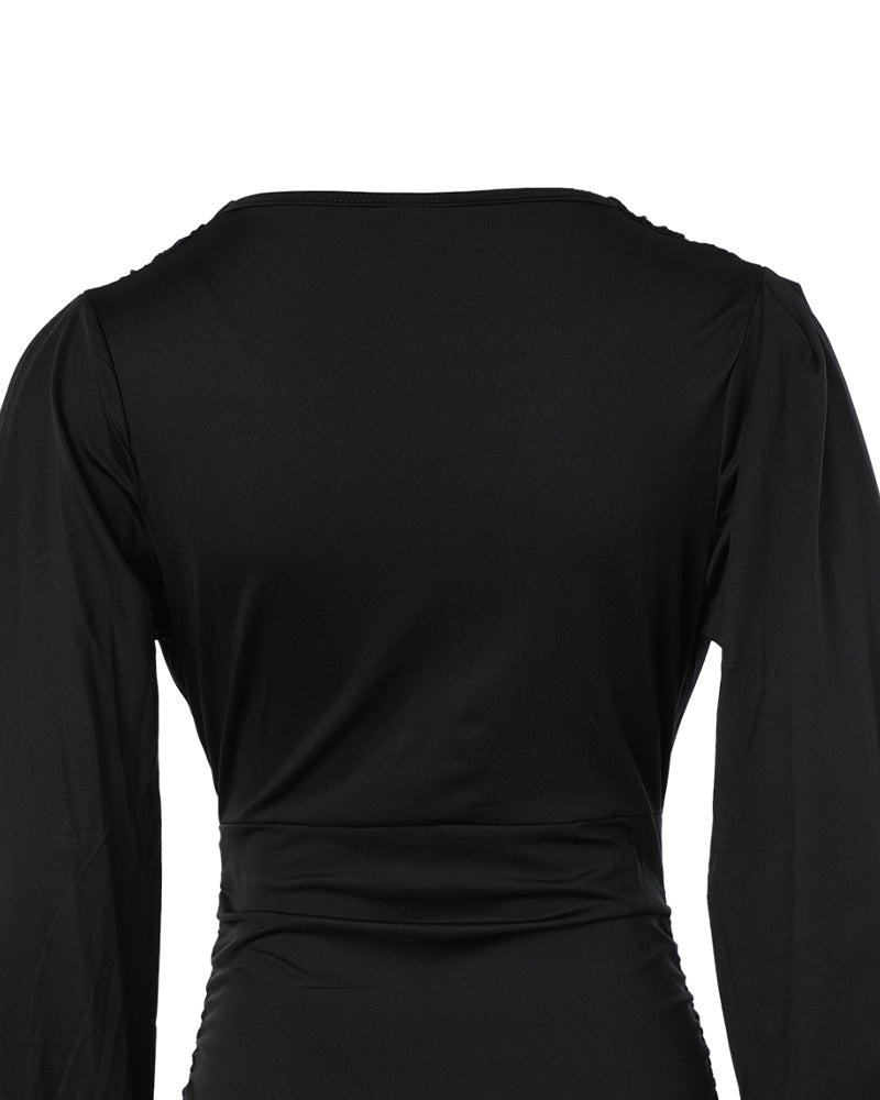 Deep V-Neck Lantern Sleeve Ruched Blouse Casual Slim Fit Top