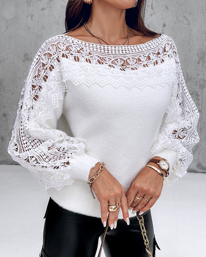 Crewneck Guipure Lace Long Sleeve Hollow Out Knit Sweaters Pullover Tops