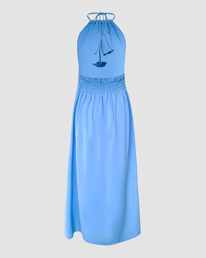 Halter Sleeveless Backless Maxi Dress Casual Shirred Back Side Slit Vacation Dress