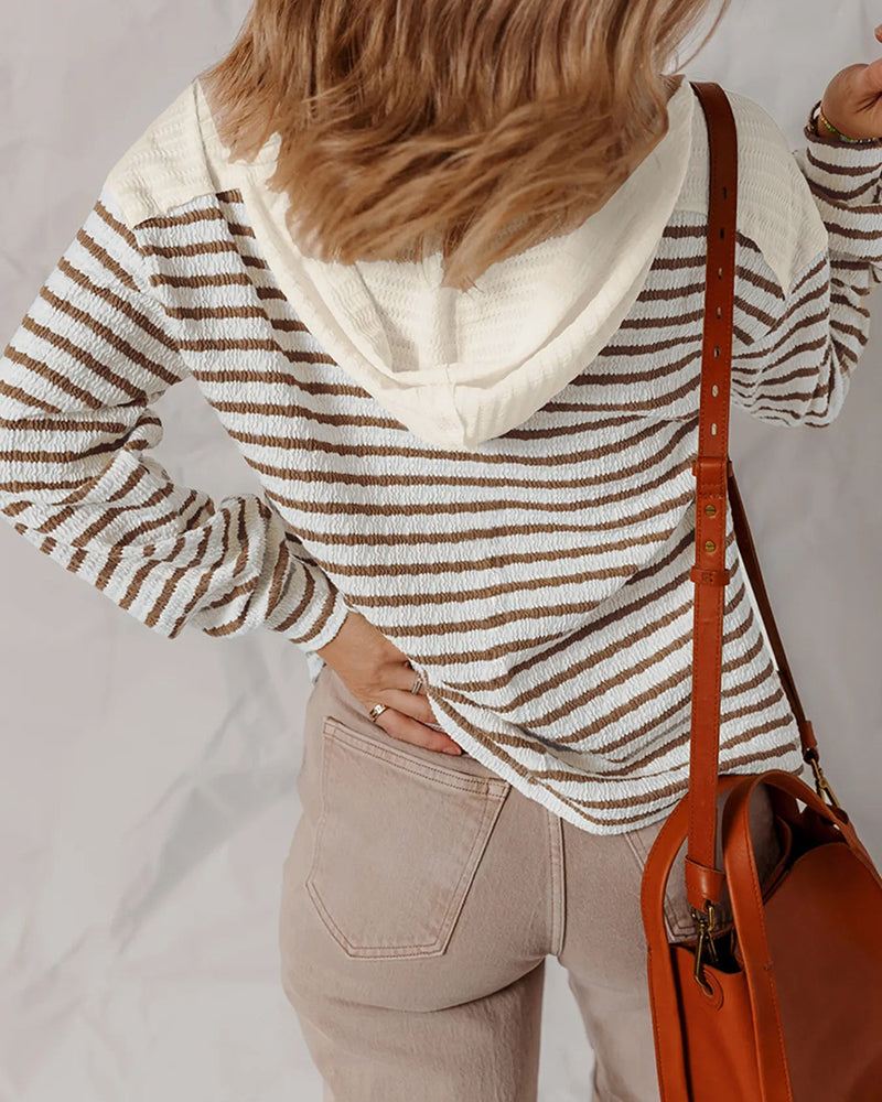 Women's Striped V Neck Colorblock Hooded Top Long Sleeve Casual Sweatshirt