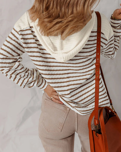 Women's Striped V Neck Colorblock Hooded Top Long Sleeve Casual Sweatshirt