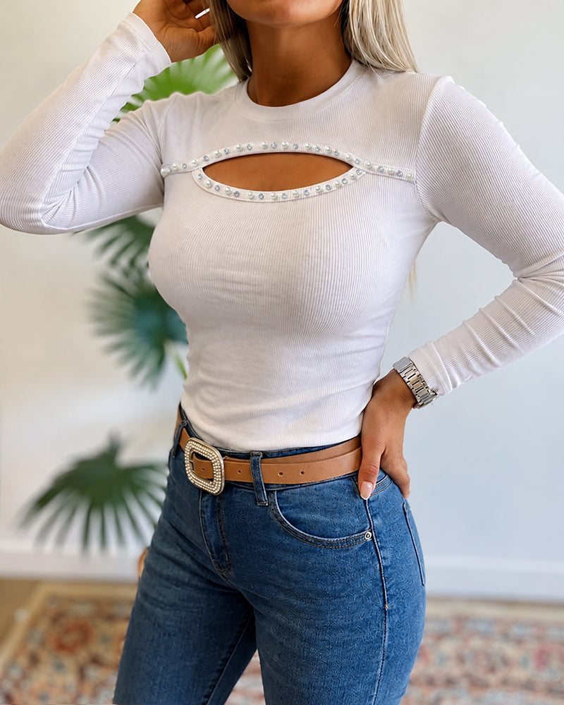 Women's Pearl Rhinestone Hollow-out Long Sleeve Ribbed Fitted Top