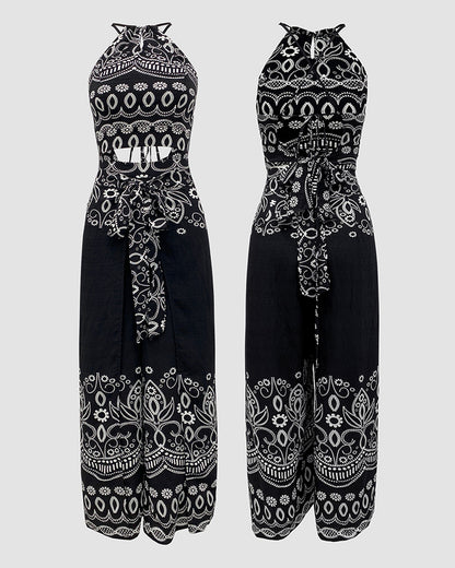 2 Pieces Outfits Tribal Print Keyhole Neck Sleeveless Top and Wide Leg Tied Detail Slit Pants Sets