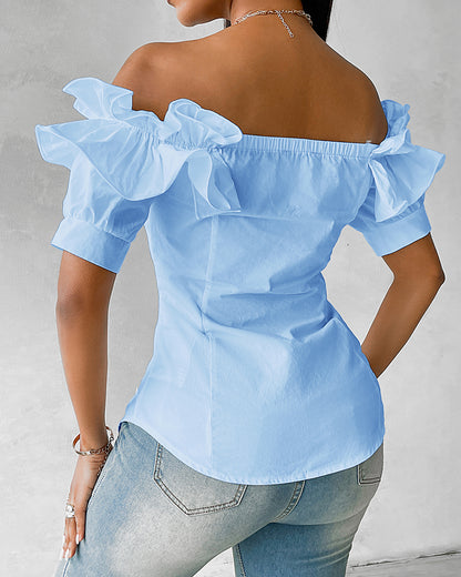 Off the Shoulder Short Sleeve Blouses Asymmetrical Button Ruffles Blouses