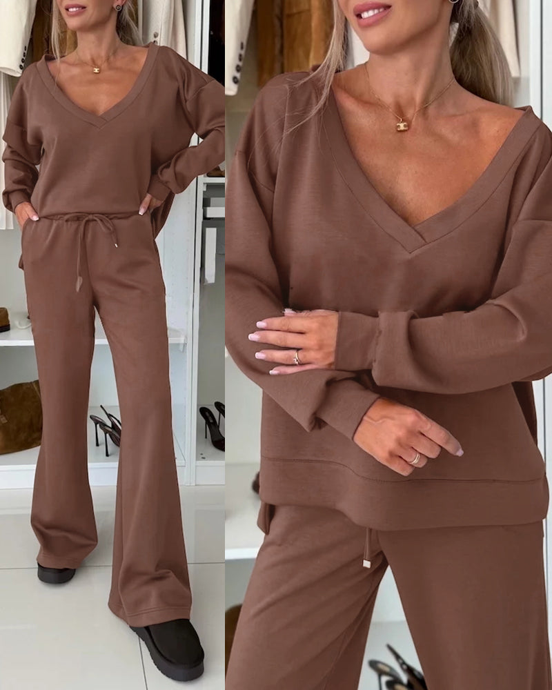 2 Pieces Outfit Plunge V Neck Pullover Sweatshirt and Casual Drawstring Waist Wide Leg Pants Set
