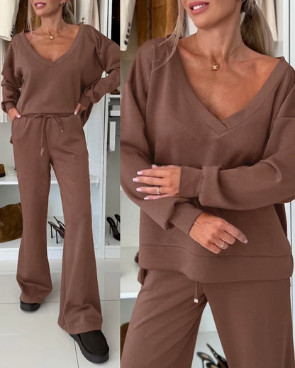 2 Pieces Outfit Plunge V Neck Pullover Sweatshirt and Casual Drawstring Waist Wide Leg Pants Set