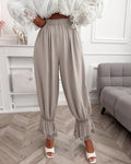 Women's Lace Patchwork Pants Elastic High Waist Hollow Out Ruffle Hem Lantern Trousers Casual Loose Lounge Pants