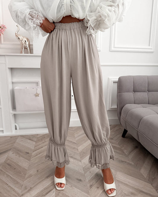 Women's Lace Patchwork Pants Elastic High Waist Hollow Out Ruffle Hem Lantern Trousers Casual Loose Lounge Pants