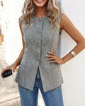 Women's Sparkly Tweed Vest Button Down Sleeveless Slit Hem Top