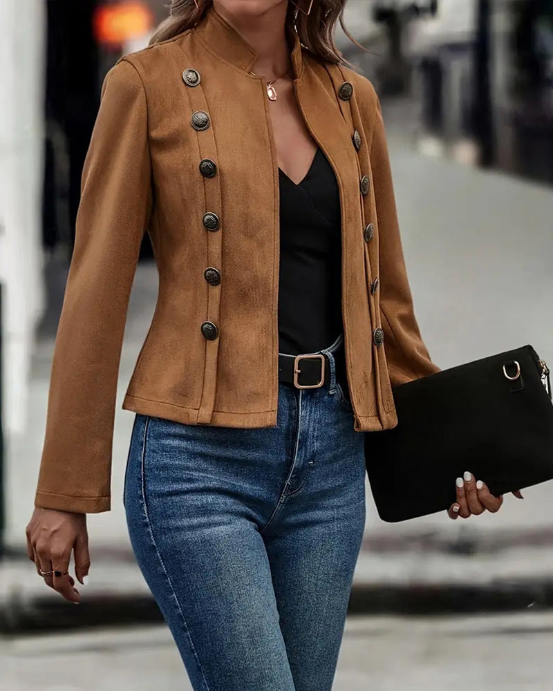 Faux Suede Stand Collar Jacket Open Front Button Decor Casual Coat